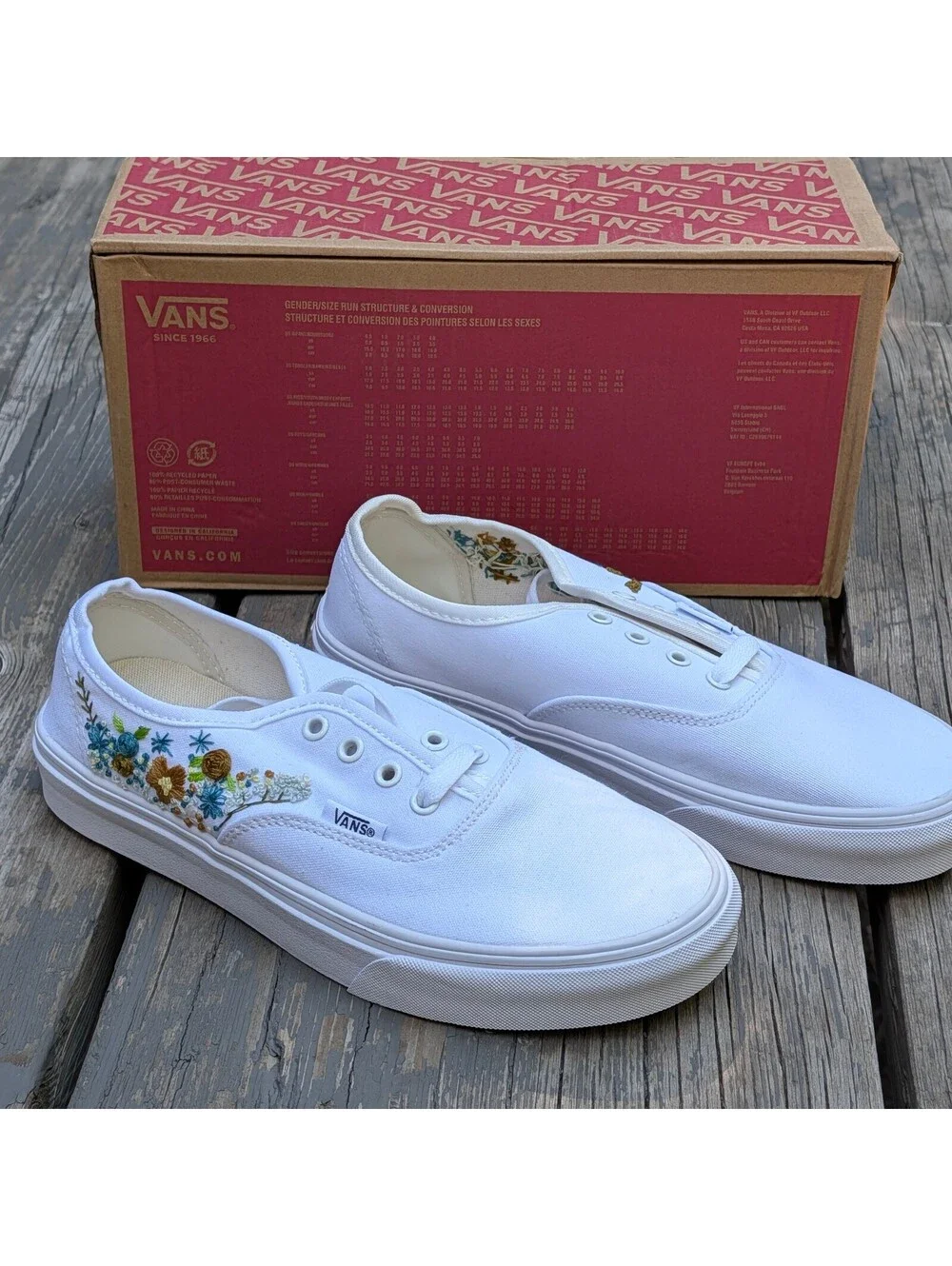 Brand New Custom Embroidered Vans Authentic White Floral Cottagecore Womens 7